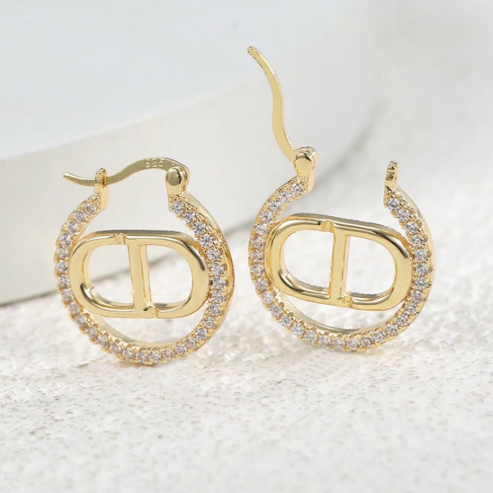 CD Letter Hoop Gold Earrings sterling post